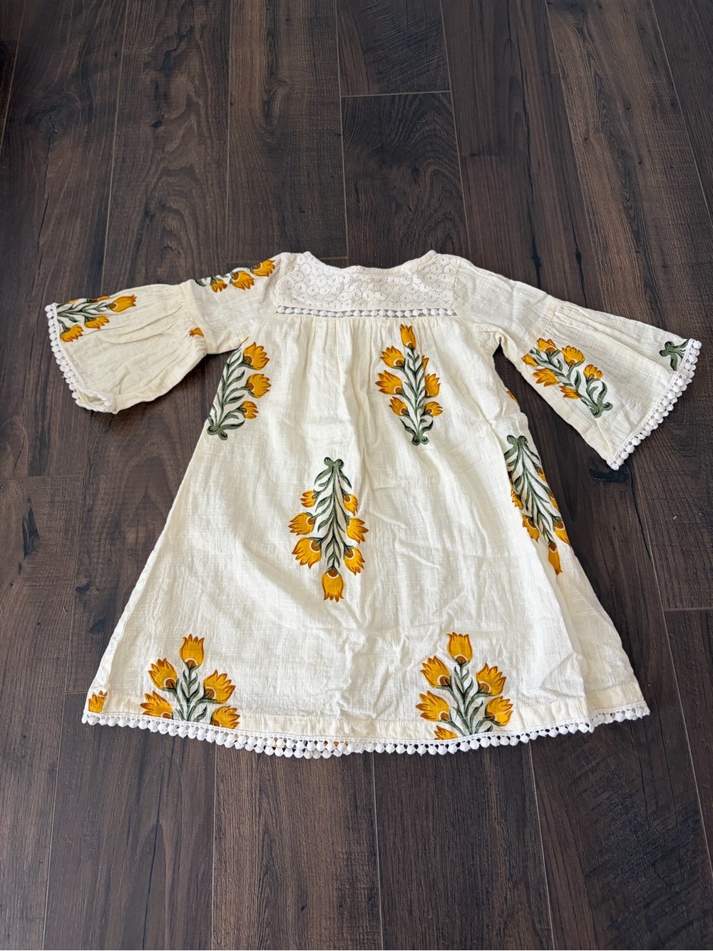 Cream Floral Embroidered Boho Dress for Girls with Yellow Tulip Motif